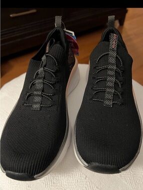 Skechers  Black Knit Slip-On Womens Sneakers with White Sole